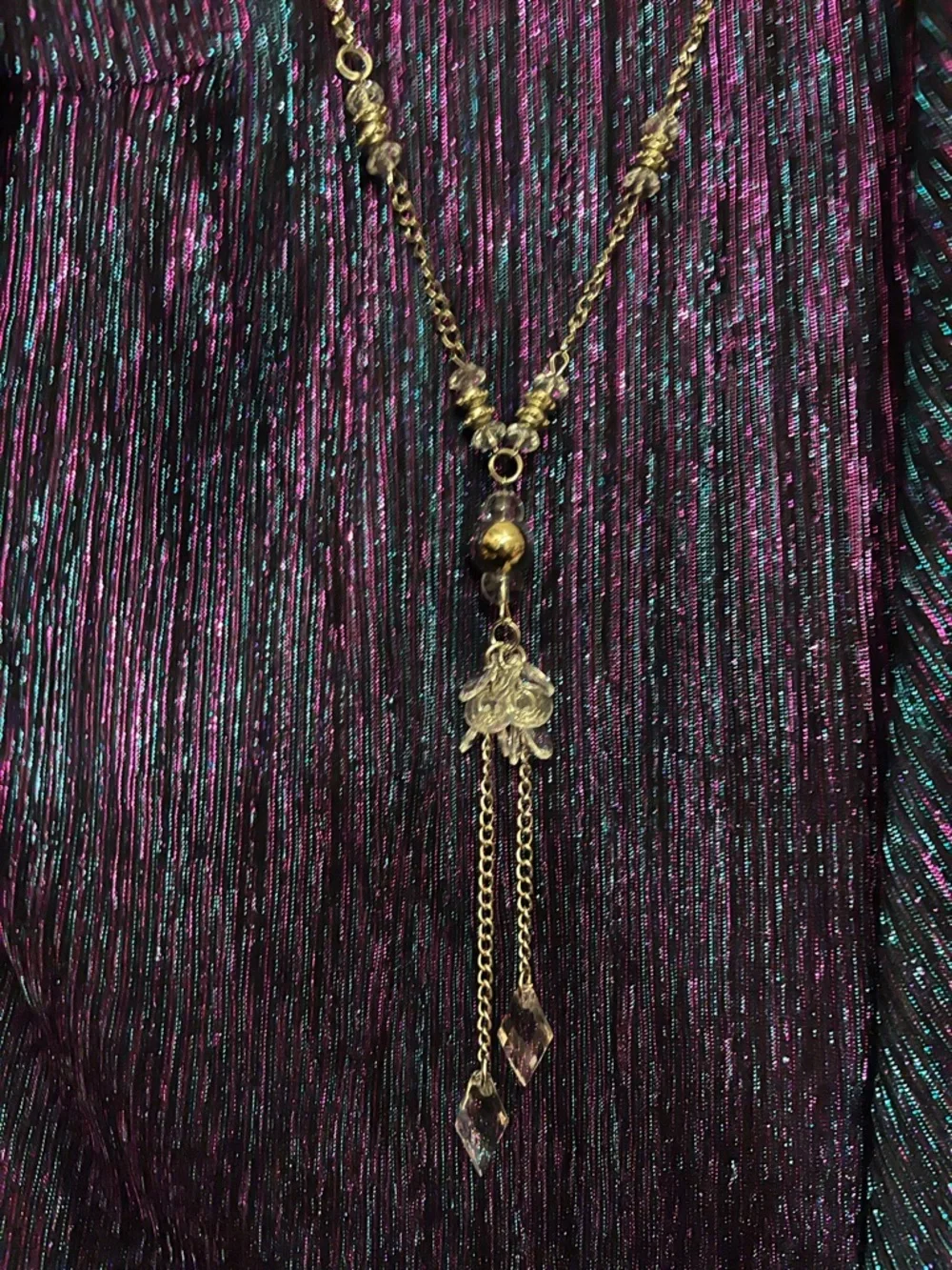 R&M Richards Iridescent Purple & Teal Evening Top with Pants & Necklace Size 14 - Picture 4 of 7